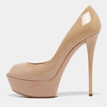 Pre Owned Casadei Beige Patent Leather Platform Peep Toe Pumps Size 39.5