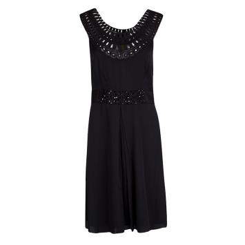 Pre Owned Catherine Malandrino Black Silk Lace Neck detail Embellished Belted Dress M