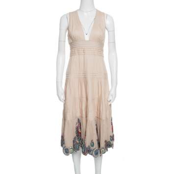 Pre Owned Catherine Malandrino Beige Pintuck Detail Embroidered Hem Maxi Dress M