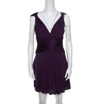 Pre Owned Catherine Malandrino Purple Silk Gathered Bodice Detail Sleeveless Dress M