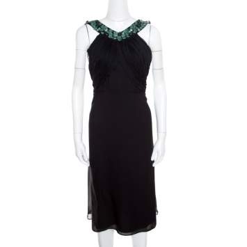 Pre Owned Malandrino Black Silk Plisse Bodice Detail Embellished Sleeveless A Line Dress M