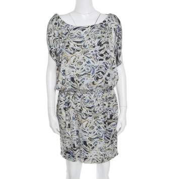 Pre Owned Catherine Malandrino Multicolor Printed Silk Draped Sleeve Gathered Waist Dress S
