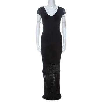 Pre Owned Catherine Malandrino Black Crochet Knit Short Sleeve Maxi Dress S 