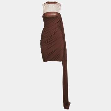 Pre Owned C.dam Brown Jersey and Tulle Metallic Cup Mini Dress S