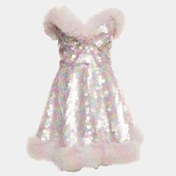 Pre Owned Celia B Multicolour Sequinned & Tulle Ruffle Strapless Journey Dress M