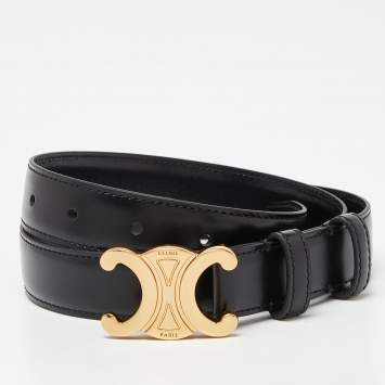 Pre Owned Celine Black Leather Triomphe Buckle Belt 80CM