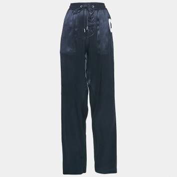 Pre Owned Celine Navy Blue Satin Applique Detail Track Pants M