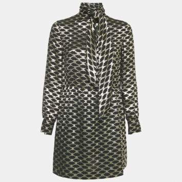 Pre Owned Celine Black Macadam Pattern Lurex Brocade Mini Dress S