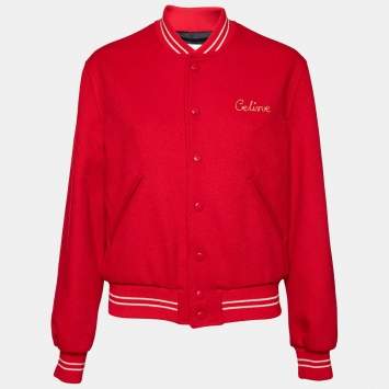 مملوكة مسبقًا Celine Red Wool Logo Embroidered Button Front Teddy Jacket M