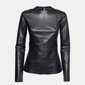 Pre Owned Celine Black Lambskin Leather Long Sleeve Peplum Top S