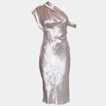 Pre Owned Celine Light Pink Lame One-Shoulder Draped Midi Dress S