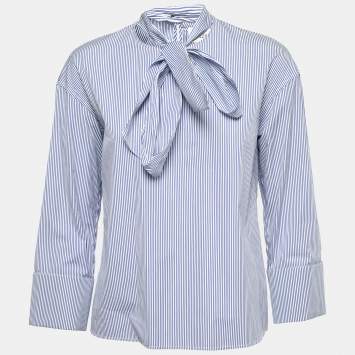 Pre Owned Celine Blue Striped Cotton Poplin Tie-Neck Blouse S