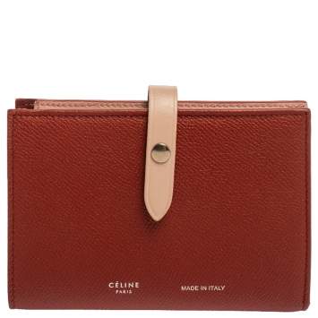 Pre Owned Celine Red/Light Pink Grained Leather Multifunction Strap Wallet