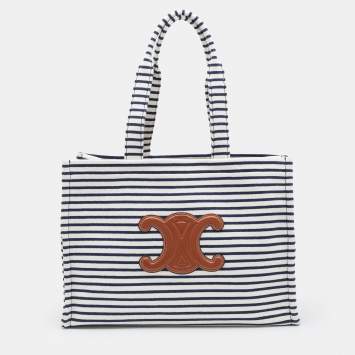 Pre Owned Celine Tricolor Striped Fabric and Leather Large Cabas Thais Tote
