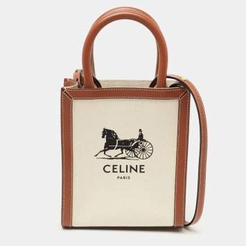 Pre Owned Celine Natural/Brown Sulky Print Canvas and Leather Mini Vertical Cabas Tote 