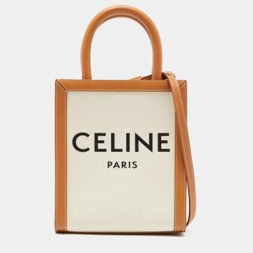 Pre Owned Celine Tan Logo Canvas and Leather Mini Vertical Cabas Tote 