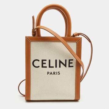 Pre Owned Celine Natural/Brown Canvas and Leather Mini Vertical Cabas Tote 