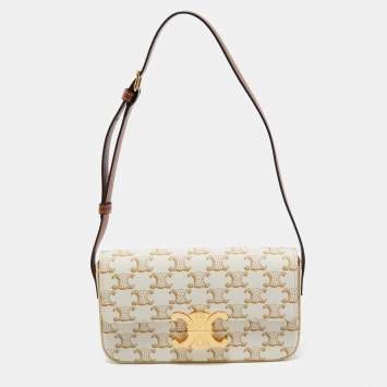 Pre Owned Celine Off-White Triomphe Canvas Claude Shoulder Bag