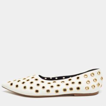 Pre Owned Celine Off-White Leather Eyelet Detail Ballet Flats Size 39.5