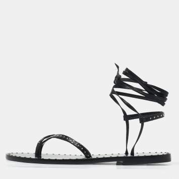 Pre Owned Celine Black Leather Studded Ankle Wrap Flat Sandals Size 36