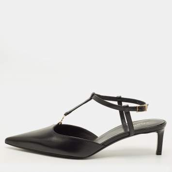 Pre Owned حذاء كعب عالي سيلين جلد أسود بشعار حزام خلفي مقاس 37.5