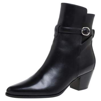 Pre Owned Celine Black Leather Block Heel Ankle Boots Size 37