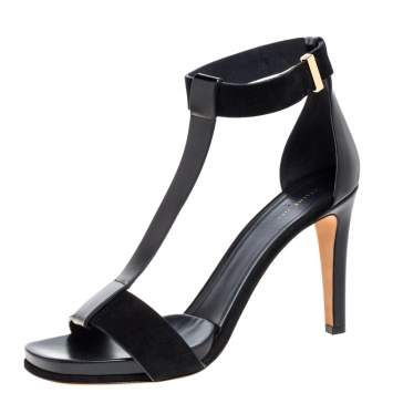 Pre Owned Celine Black Leather and Suede T Strap Platform Sandals Size 40