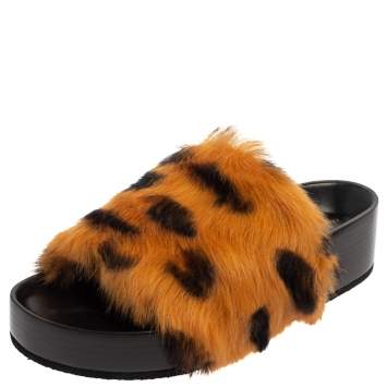 Pre Owned Celine Brown/Black Calf Hair Flat Slides Size 36