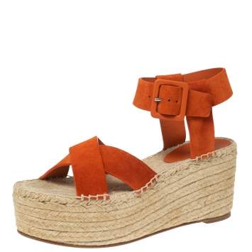 Pre Owned Celine Orange Suede Crisscross Espadrille Wedge Sandals Size 39