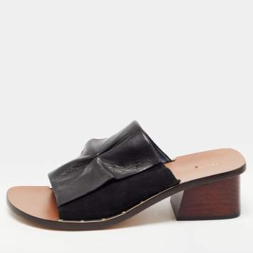 Pre Owned Celine Black Leather and Suede Block Heel Slide Sandals Size 38.5 