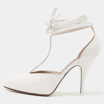 Pre Owned Celine White Leather Night Out T-Strap Ankle Wrap Sandals Size 36