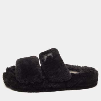 Pre Owned Celine Black Fur Slides Size 37