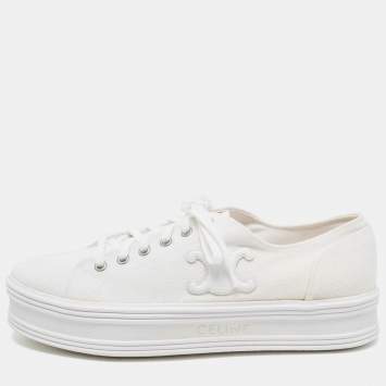 Pre Owned Celine White Canvas Jane Low Top Platform Sneakers Size 42