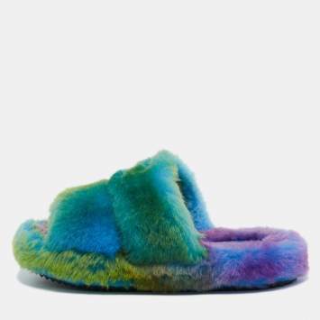 Pre Owned Celine Multicolor  Fur Flat Slides Size 36  