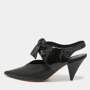 Pre Owned Celine Black Leather and Patent Bow Slingback Pumps Size 37.5