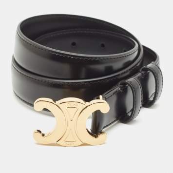 Pre Owned Celine Black Leather Triomphe Buckle Belt 75CM