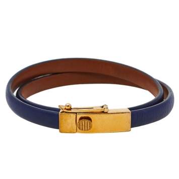 Pre Owned Celine Blue Leather Gold Tone Triple Tour Wrap Bracelet M