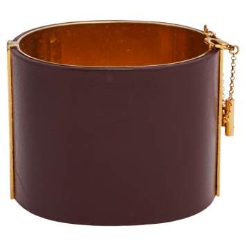 Pre Owned Céline Burgundy Leather Gold Tone Wide Cuff Bracelet M