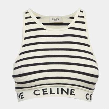Pre Owned Celine White Striped Rib Knit Tank Crop Top XS