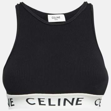 Pre Owned Celine Black Rib Knit Logo Tape Detail Crop Tank Top S