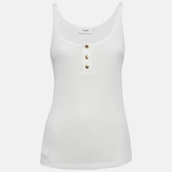 Pre Owned Celine White Rib Knit Button Detail Tank Top S
