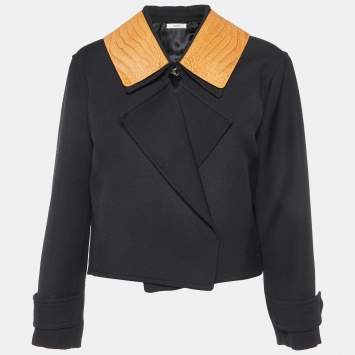 Pre Owned Celine Black Wool Embossed Leather Trim Collar Short Coat M