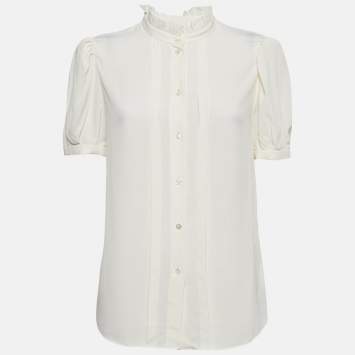 Pre Owned Celine Off-White Silk Blend Ruffled Blouse M
