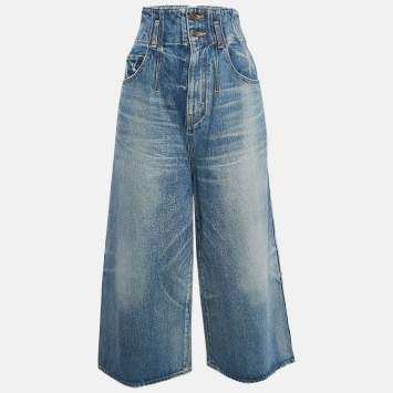 Pre Owned Celine Blue Washed Denim High Waist Wide Leg  Jeans S Waist 26"