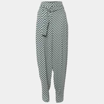 Pre Owned Celine Ecru/Black Diagonal Pattern Textured Pleated Trousers M