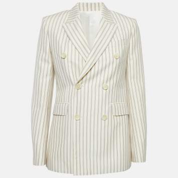 Pre Owned Celine Cream Striped Wool Double Breasted Blazer S