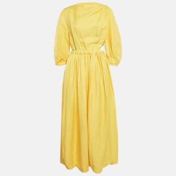 Pre Owned Celine Yellow Linen Blend Pleated Cut-Out Maxi Dress M