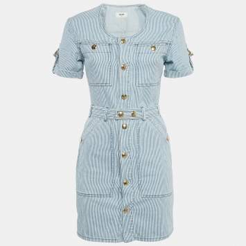 Pre Owned Celine Blue/White Stripe Cotton Button Front Belted Trapeze Mini Dress XS