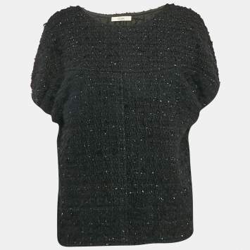 Pre Owned Celine Black Wool Blend Tweed Cape M