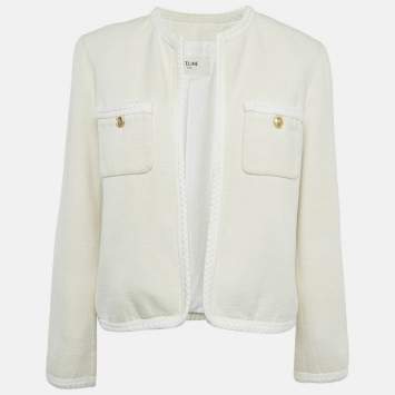 Celine Off-White Silk Braid Trim Detail Open Front Jacket M